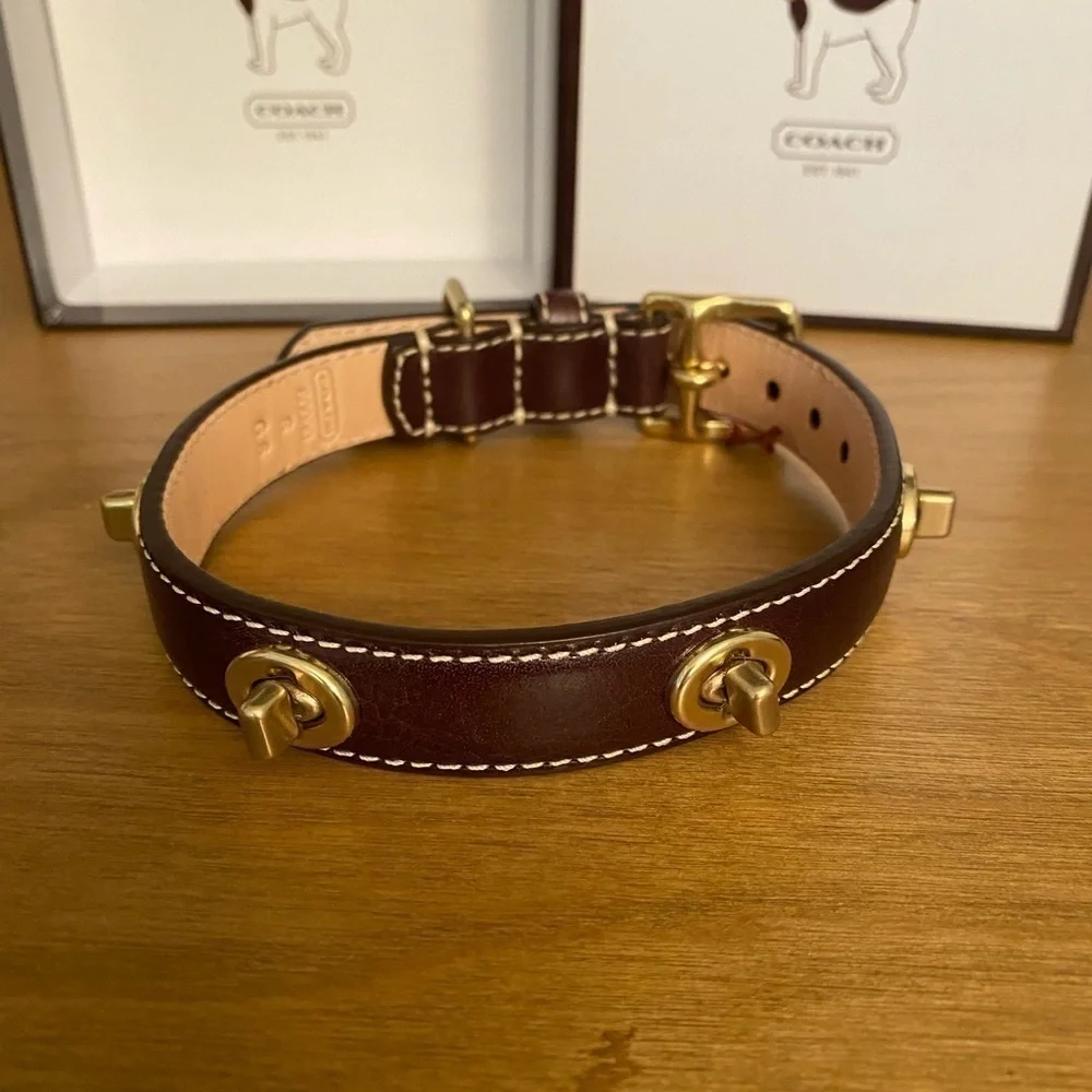 COACH New Turn Lock Brass Brown Leather Dog Collar- Rare Find